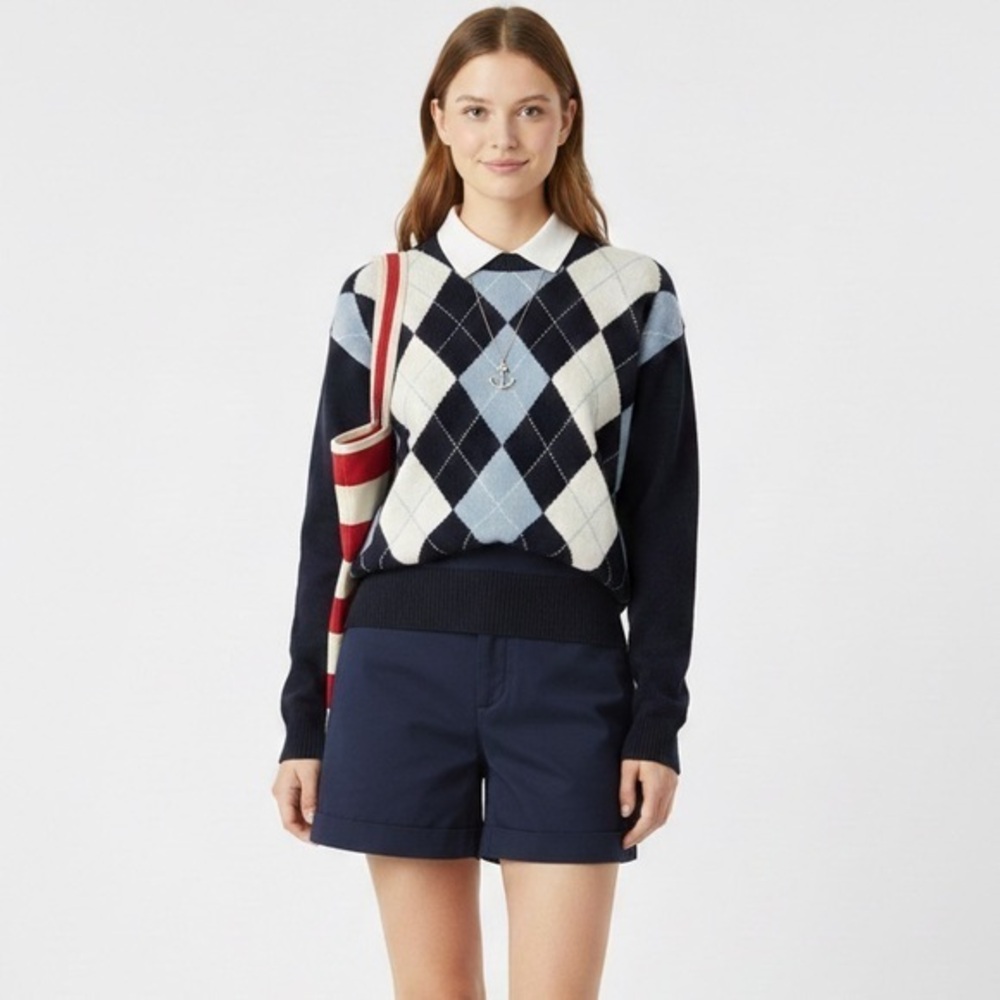 Brandy Melville Navy Blue & White Argyle Crewneck Sweater Size Small Cotton